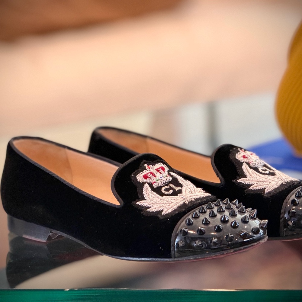 Christian Louboutin Black Velvet Embroidered Loafers